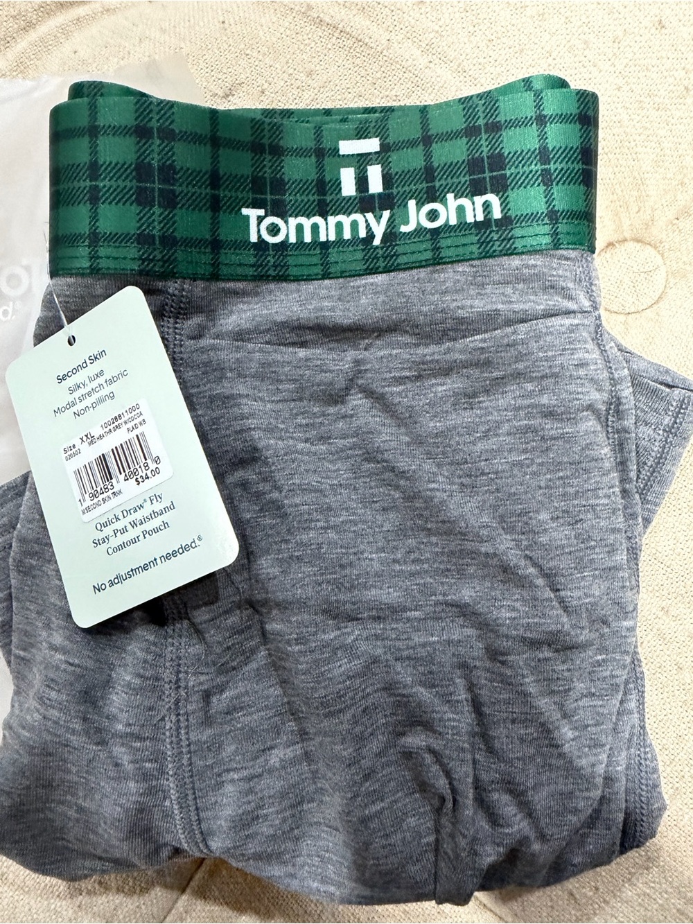 Tommy John Men Gray Bottoms with Green Plaid Waistband